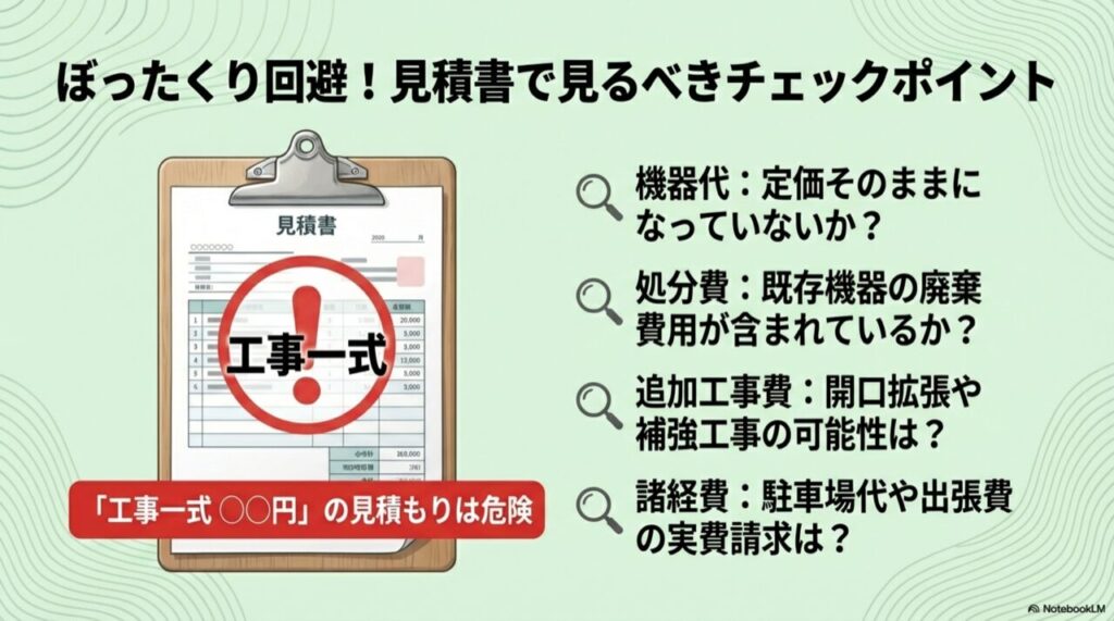 「工事一式」と書かれた見積書の注意点と、確認すべき内訳項目（処分費など）のリスト