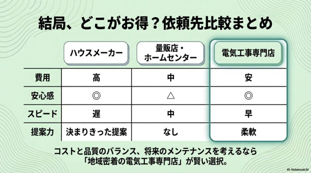 費用、安心感、スピード、提案力を比較したマトリクス表