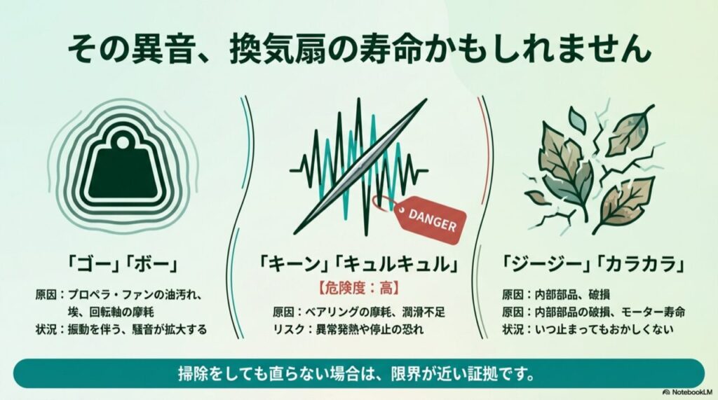 換気扇から発生する異音の種類（重低音、金属音、接触音）とその危険度を示した図解