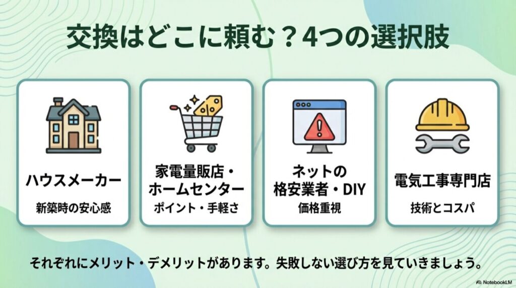 ハウスメーカー、家電量販店、ネット業者、電気工事専門店の4つを比較するイラスト