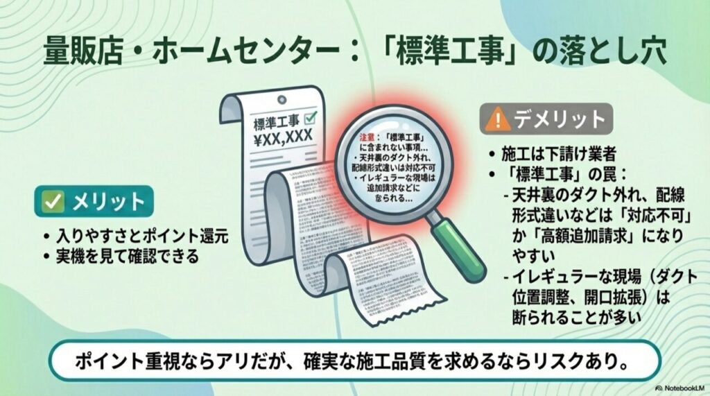 標準工事に含まれない作業（ダクト外れなど）により追加請求が発生するイメージ図