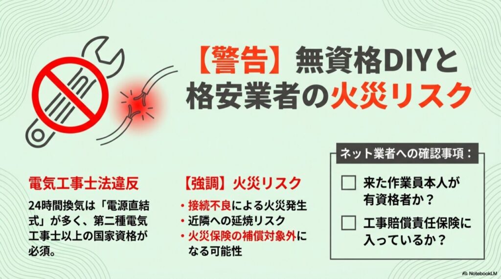 電気工事士法違反の禁止マークと、接続不良による配線ショート・火災のイラスト