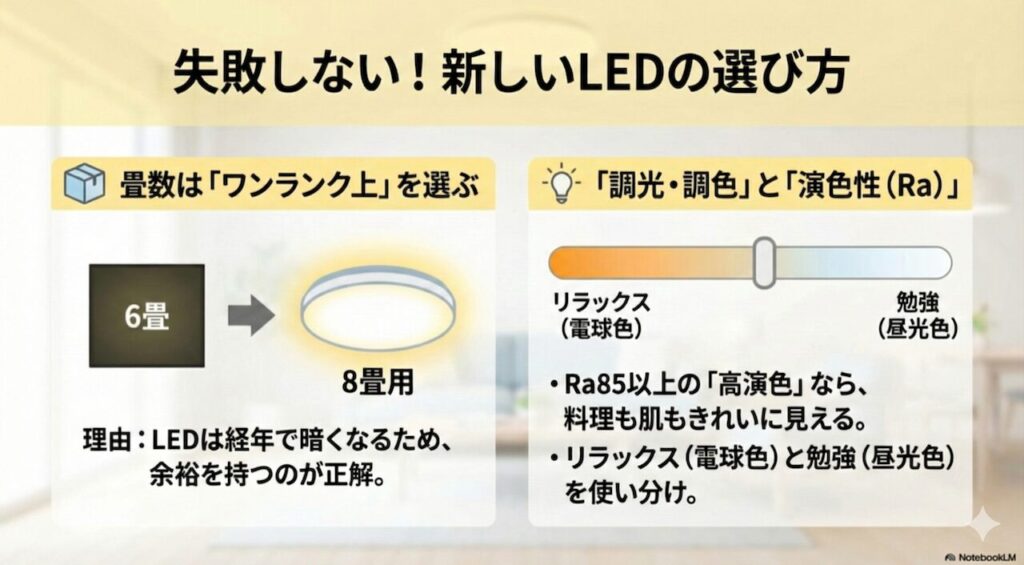 LEDシーリングライトの適用畳数と選び方のポイント。部屋の広さよりワンランク上の明るさを選ぶことや、調光・調色機能のメリット