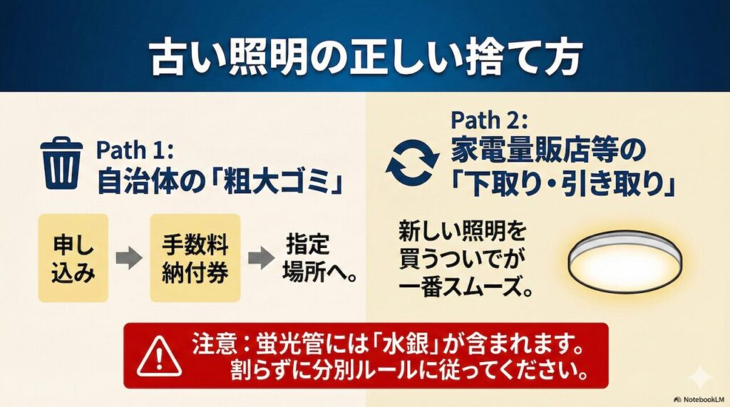 照明器具の廃棄方法フローチャート。自治体の粗大ゴミとして出すルートと、家電量販店の下取り・引き取りを利用するルートの解説 分別ルールや手順をフローチャートで見せることで、文章を読む負担を減らし、スムーズな処分行動へ誘導する。