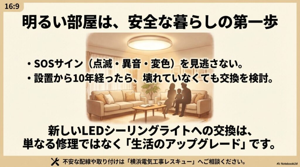 明るい部屋は安全な暮らしの第一歩というメッセージと、不安な配線や取り付けはプロに相談すべきという案内