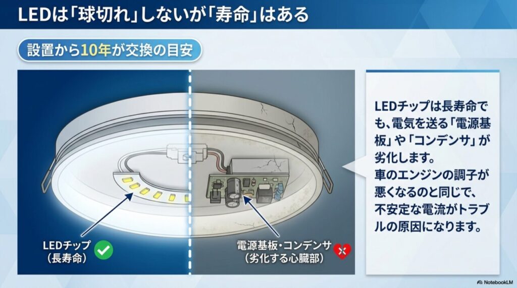 LEDシーリングライトの内部構造図解。LEDチップは長寿命でも電源基板やコンデンサが先に劣化することを説明するイラスト