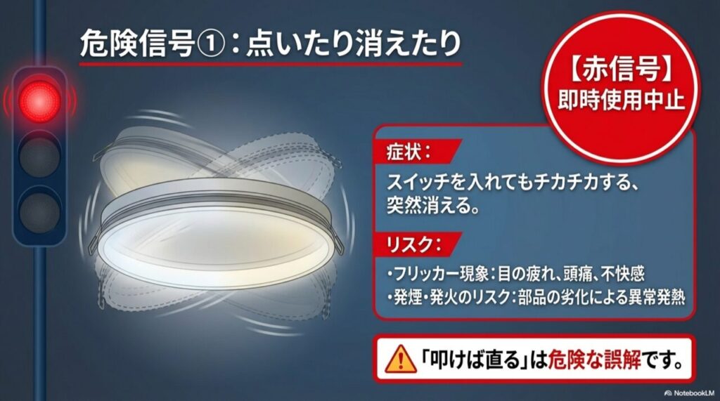 LEDシーリングライトの危険信号解説。スイッチを入れてもチカチカする、突然消えるなどの症状と、フリッカー現象や発煙・発火リスクの警告