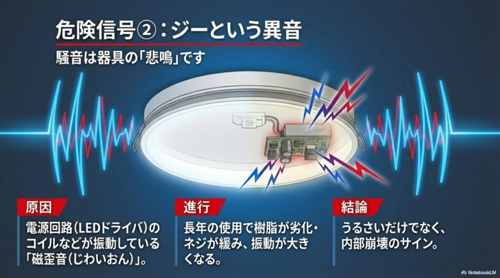LEDシーリングライトからジーという異音がする原因図解。電源回路のコイル振動や樹脂劣化による内部崩壊のサイン