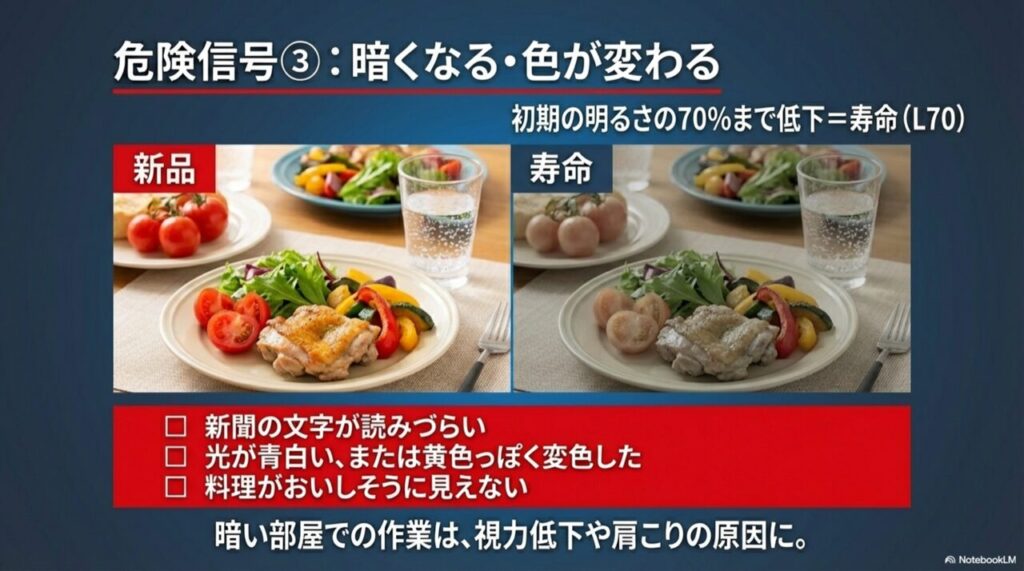 食卓の料理写真による照明の演色性比較。新品の明るい状態と、寿命（L70）を迎えて青白く暗くなった状態の違い