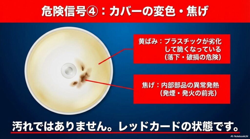 照明カバー（セード）の内側が茶色く変色したり焦げたりしている写真。内部部品の異常発熱を示す危険な状態