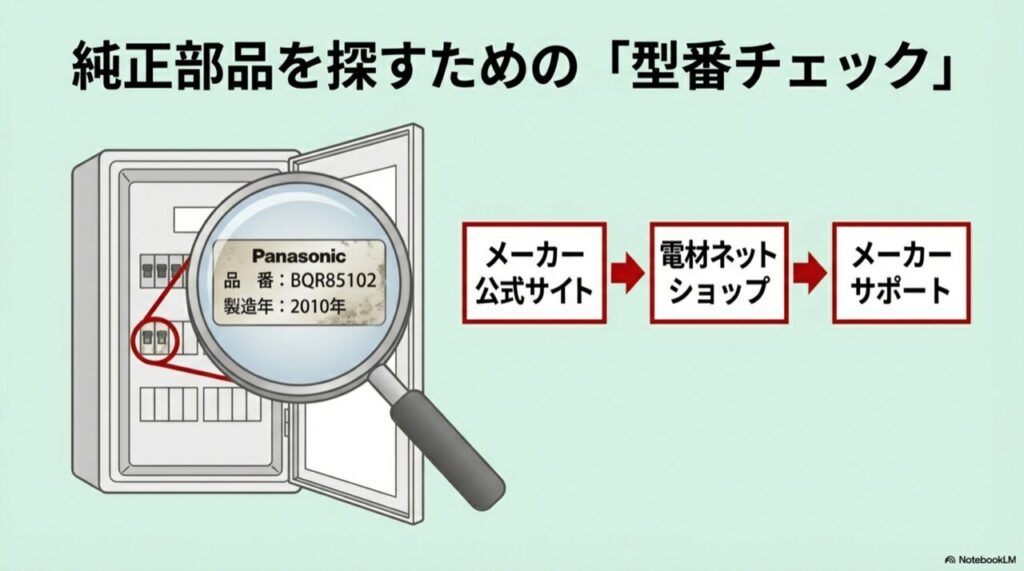 分電盤に貼られたシールから品番（BQR～など）と製造年を確認しているイラスト