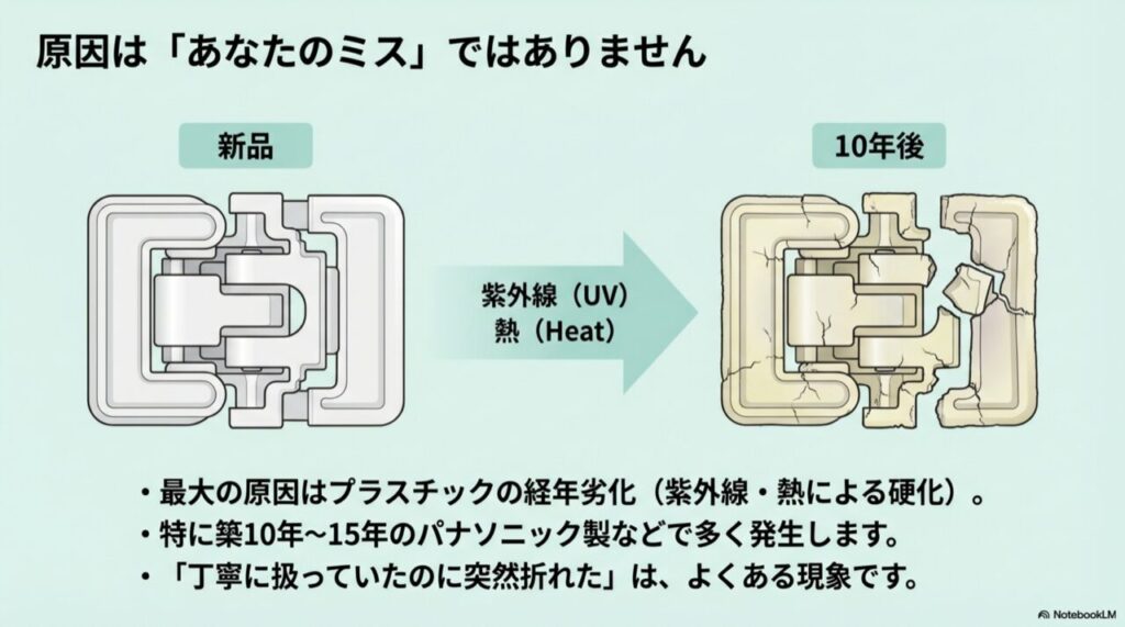 新品時は柔軟性があるヒンジ部分が、経年劣化によってひび割れ、折れやすくなっている断面図