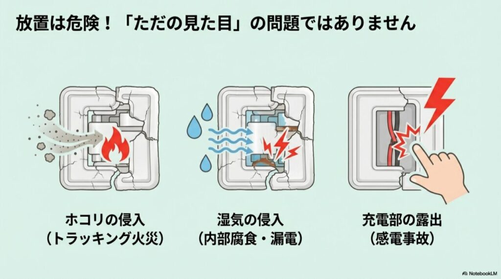 カバーが壊れたまま放置すると、ホコリによる火災、湿気による漏電、感電事故のリスクがあることを示す図