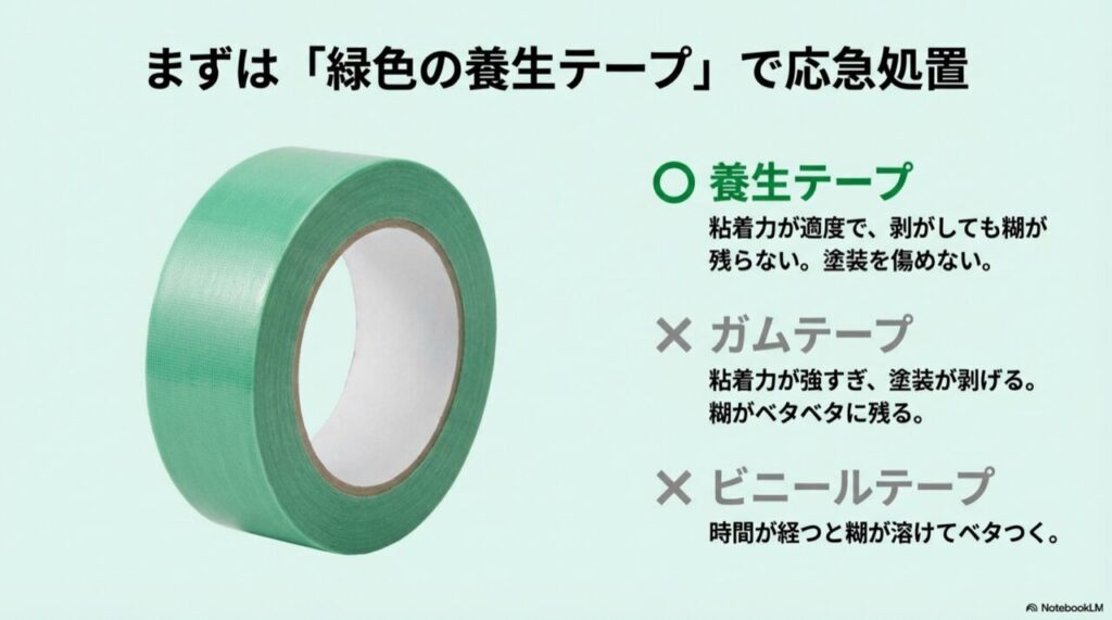 養生テープは〇、ガムテープとビニールテープは×。糊残りや塗装剥がれの違いを比較した図