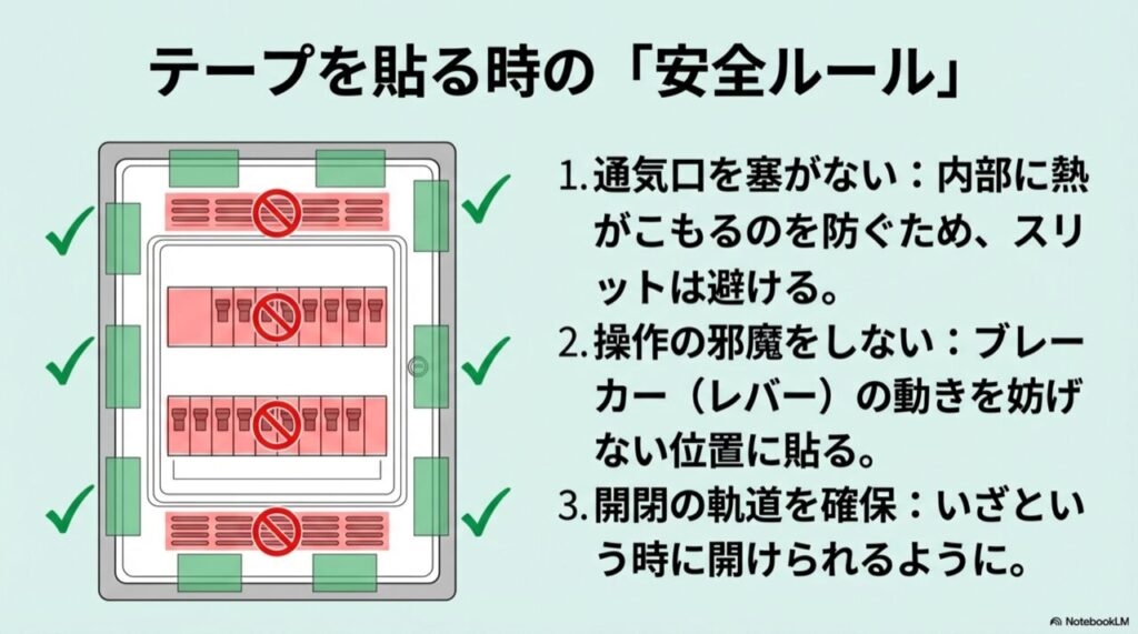 通気口を塞がず、ブレーカー操作を妨げない位置にテープを貼る「安全な貼り方」の図解