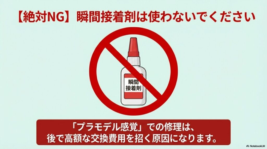 接着剤がはみ出して内部基盤に垂れたり、開閉時の力で再破損したりする危険な状態の図解