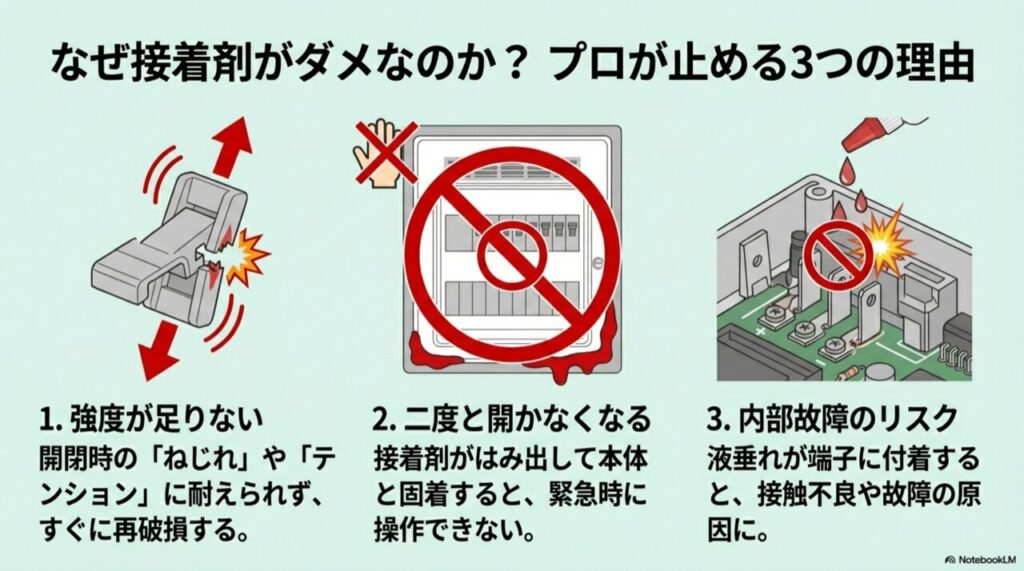 接着剤がはみ出して内部基盤に垂れたり、開閉時の力で再破損したりする危険な状態の図解