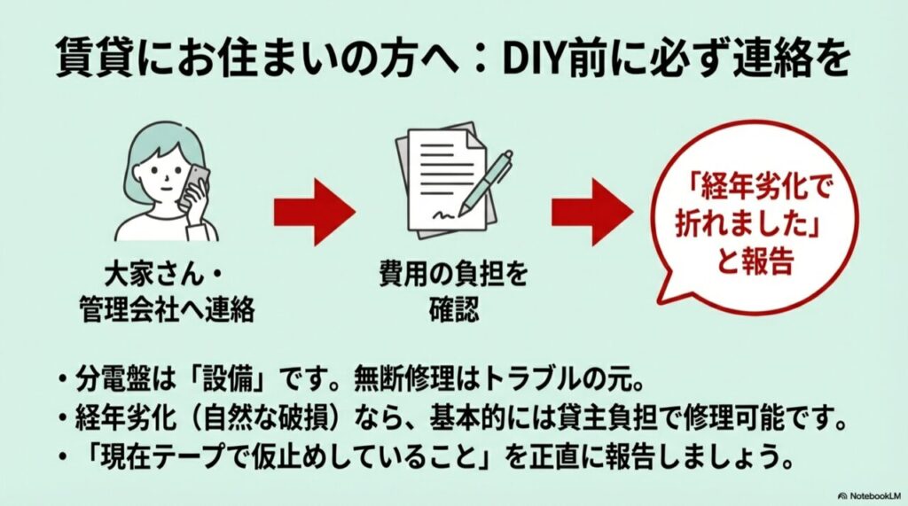 自分で修理せず、まずは大家さんや管理会社へ電話連絡する女性のイラスト