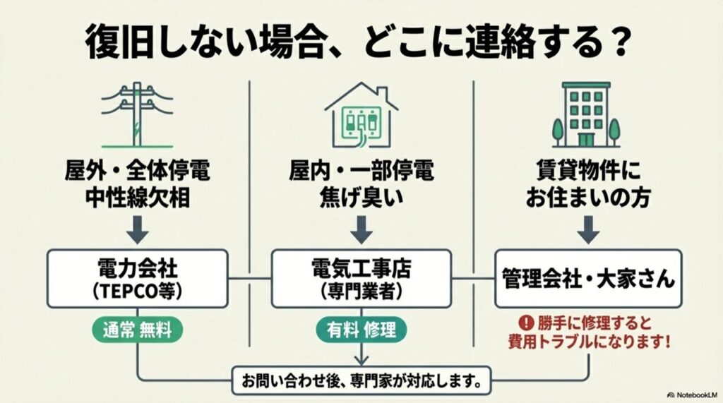 屋外トラブルは電力会社、屋内トラブルは電気工事店へ連絡するという判断フローチャート