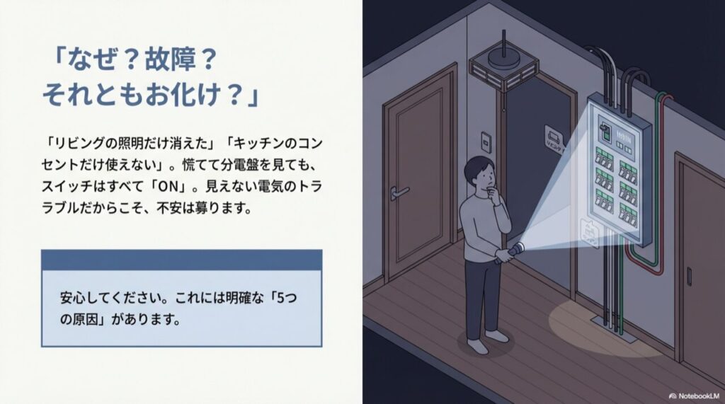 停電した暗い部屋で懐中電灯を持ち、分電盤を見上げながら原因を考えている人のイラスト