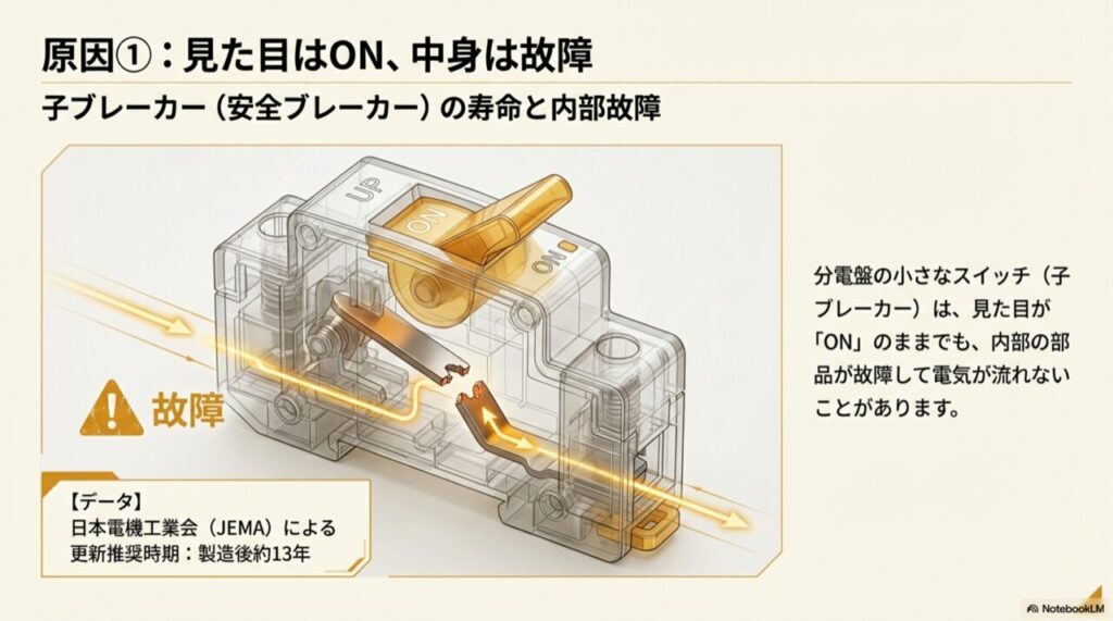 スイッチはONのままだが、内部で接点が離れて電気が流れない子ブレーカーの断面図解