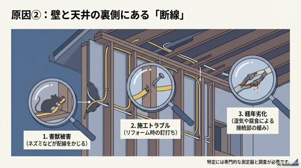 壁の中でネズミが配線をかじる様子や、釘打ちによる損傷、経年劣化による接続部の緩みの拡大図