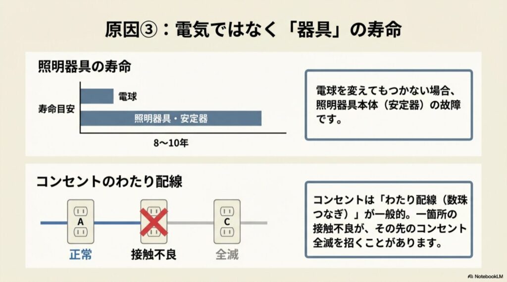 照明器具の安定器寿命の年数目安と、コンセントのわたり配線（数珠つなぎ）による接触不良の影響範囲を示す図解