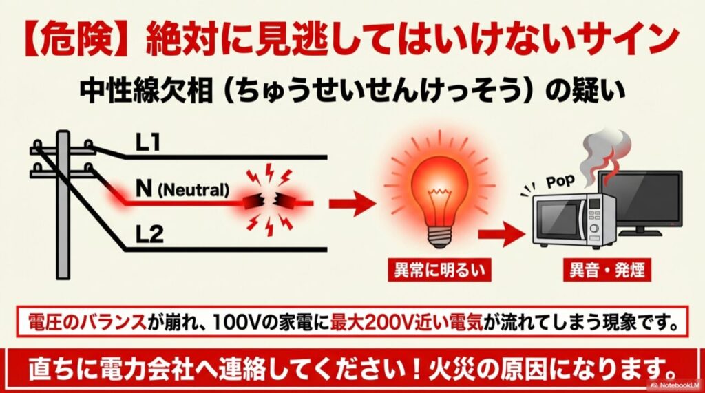電柱からの3本線のうち中性線が断線し、100V家電に過電圧がかかって発煙する仕組みの図解