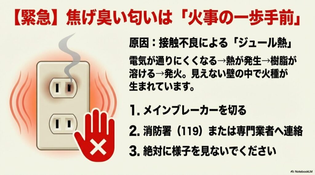 コンセント内部の接触不良により熱が発生し、発火に至るプロセスの図解と緊急連絡のフロー