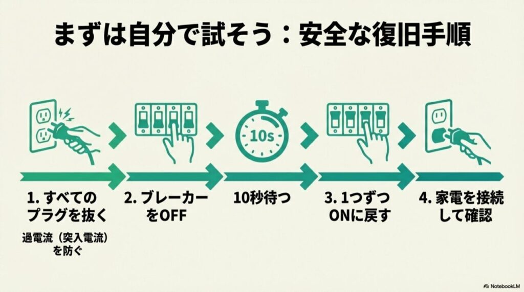 プラグを抜く、ブレーカーをOFFにする、10秒待つ、ONに戻すという4段階の復旧手順イラスト