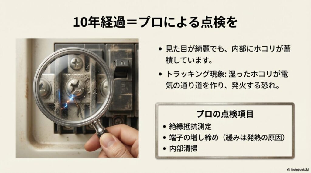 虫眼鏡で拡大された分電盤内部の端子と、蓄積したホコリによるスパーク（火花）の様子