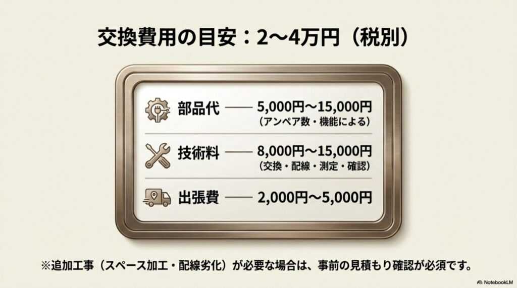 部品代、技術料、出張費の内訳とトータル費用目安（2〜4万円）が記載された画像