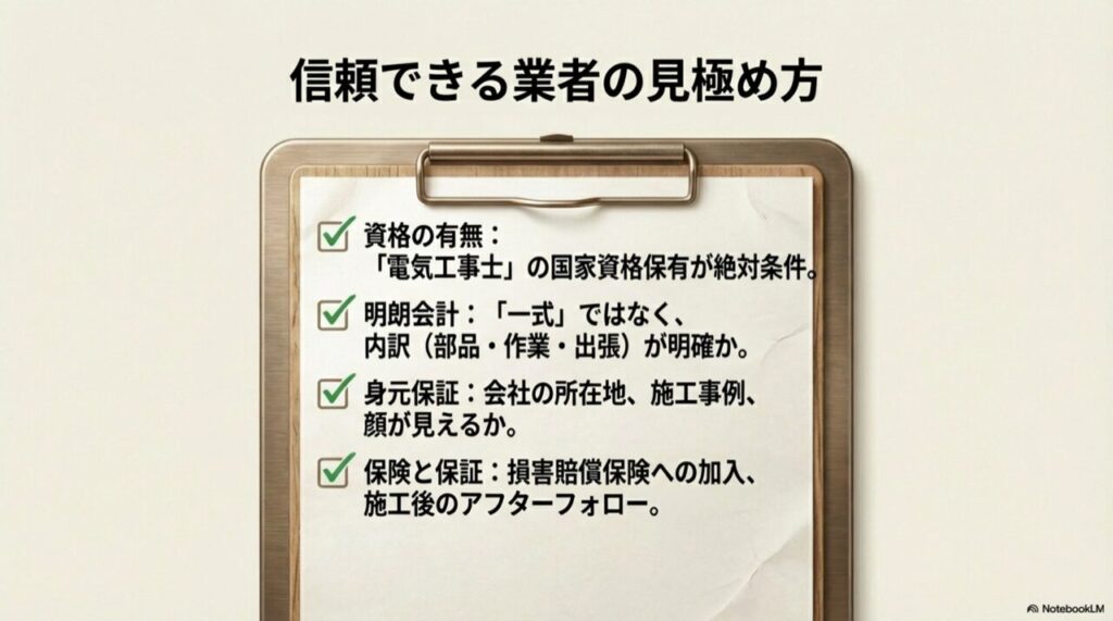 資格の有無、明朗会計、身元保証などのチェック項目が記載されたリスト画像