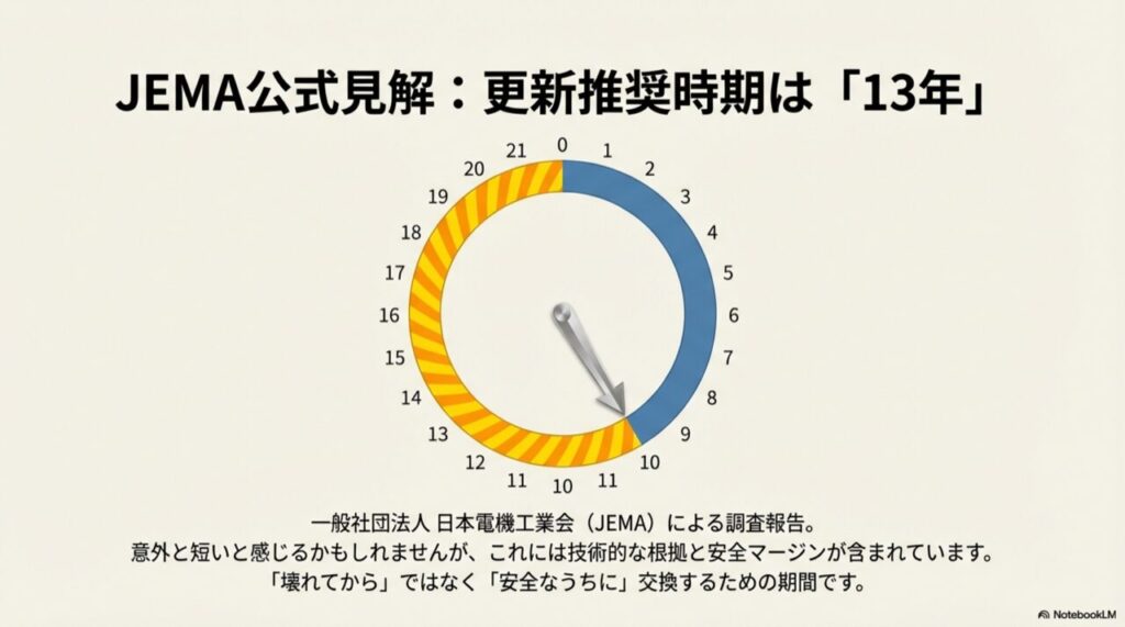 時計のグラフで示されたJEMA（日本電機工業会）が推奨する漏電ブレーカーの更新時期13年