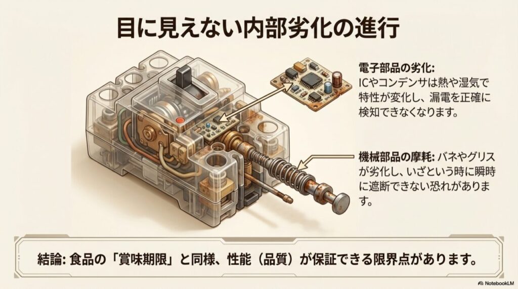 漏電ブレーカーの内部構造図。ICチップやバネなどの部品が経年劣化する様子のイラスト