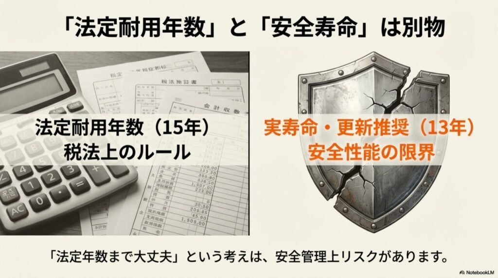 ひび割れた盾（安全寿命の限界）と税務書類（法定耐用年数）の対比イメージ
