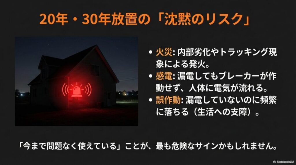 古くなった分電盤と、火災・感電・誤作動のリスクを示すテキスト入り画像