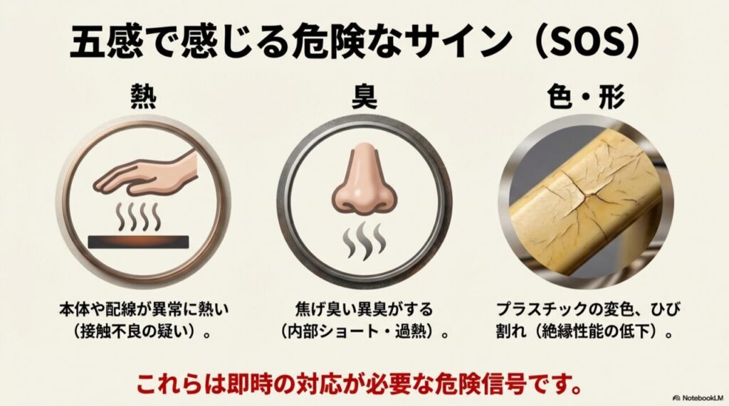 ブレーカーの発熱を確認する手、焦げ臭いにおい、プラスチックのひび割れのイラスト