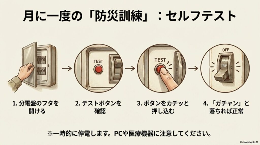 分電盤を開け、テストボタンを押し、レバーが下がるかを確認する4ステップの図解