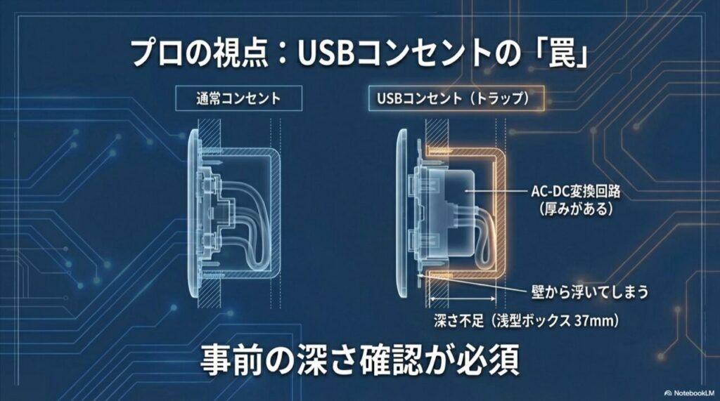 USBコンセントの厚みにより、浅型ボックスでは壁から浮いてしまう失敗例を示した断面図