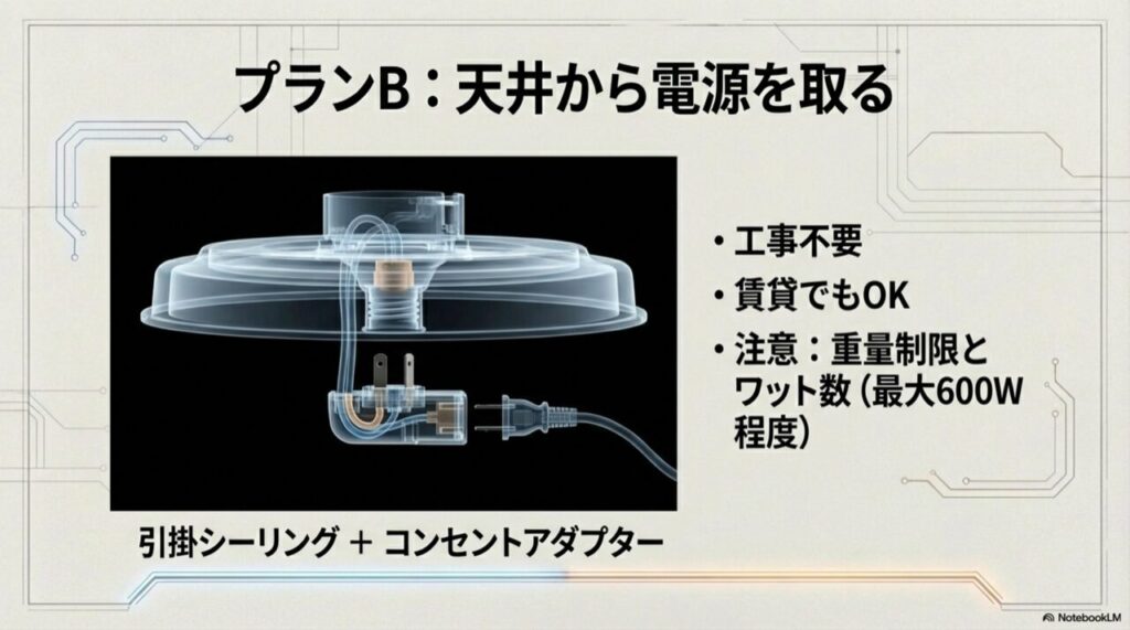 引掛シーリングにコンセントアダプターを取り付け、天井から電源コードを垂らして利用するイメージ図