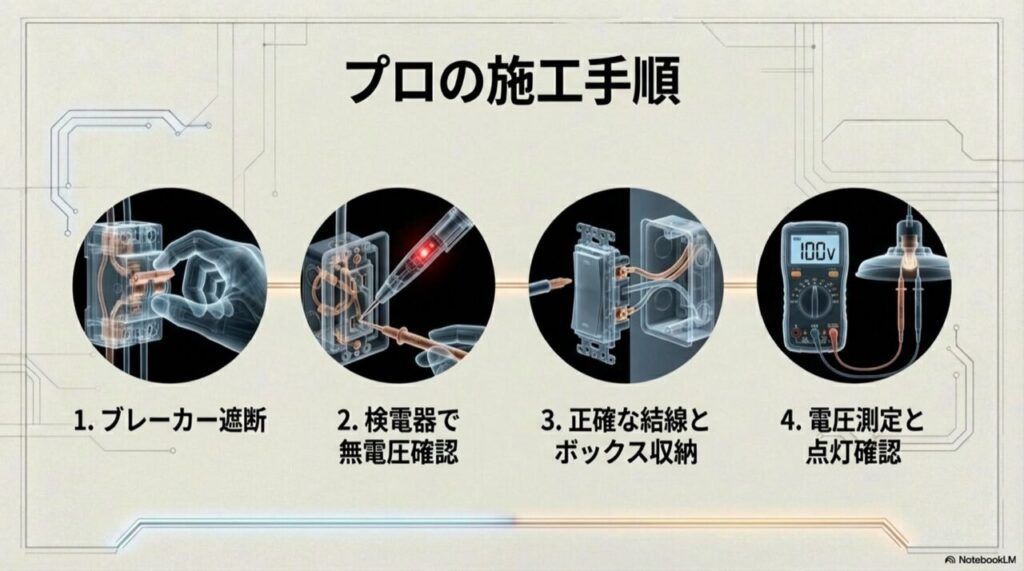 ブレーカー遮断、検電器での確認、結線作業、電圧測定を行っているプロの施工風景と手順