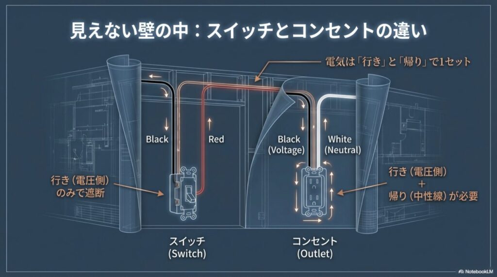 電気配線の「行き(黒線)」と「帰り(白線・中性線)」の役割と、スイッチとコンセントの構造的な違いを解説した図解