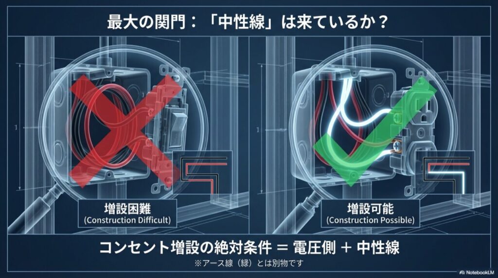 壁内のスイッチボックスに中性線が来ている「増設可能」な状態と、来ていない「増設困難」な状態を比較した図