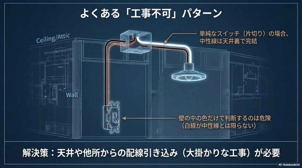 片切りスイッチの場合、中性線が天井裏で完結しており、壁の中には降りてきていないことを示す建物の透視図