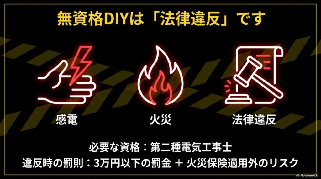 無資格DIYによる感電・火災のリスクアイコンと、法律違反であることを警告するイメージ図