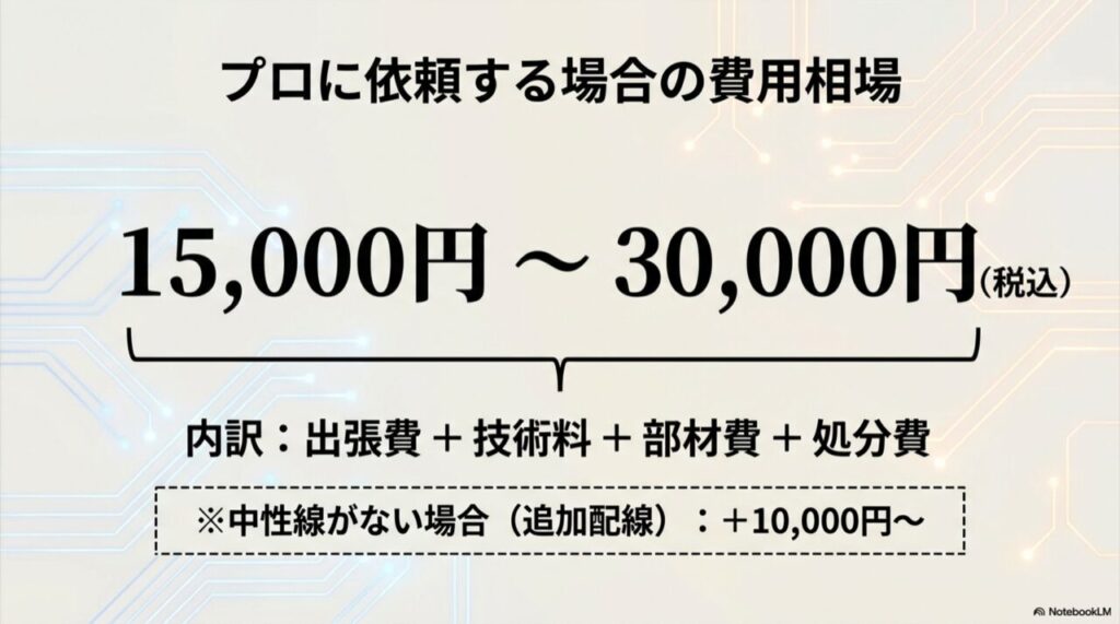 プロに依頼した場合の費用相場(15,000円~)と、内訳(技術料・部材費など)を示した価格表イメージ