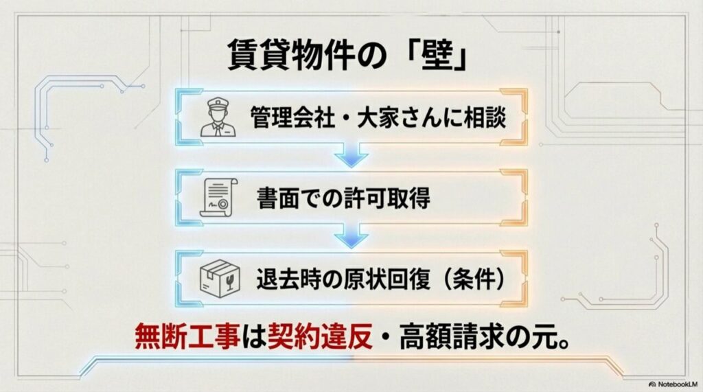 賃貸物件で工事をする際に必要な「管理会社の許可」「原状回復義務」などのポイントをまとめたスライド