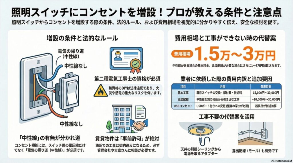 照明スイッチにコンセントを増設!プロが教える条件と注意点