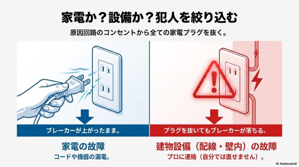 プラグを抜いてもブレーカーが落ちる場合は設備故障であることを示すイラスト
